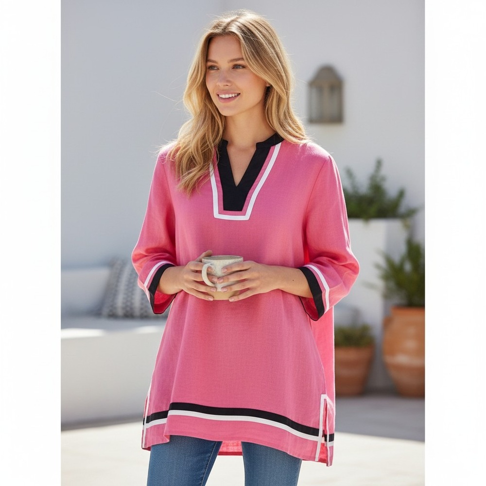 Talbots Womens Pink 100% Linen Tunic Top Navy White Trim Split Neck Size M